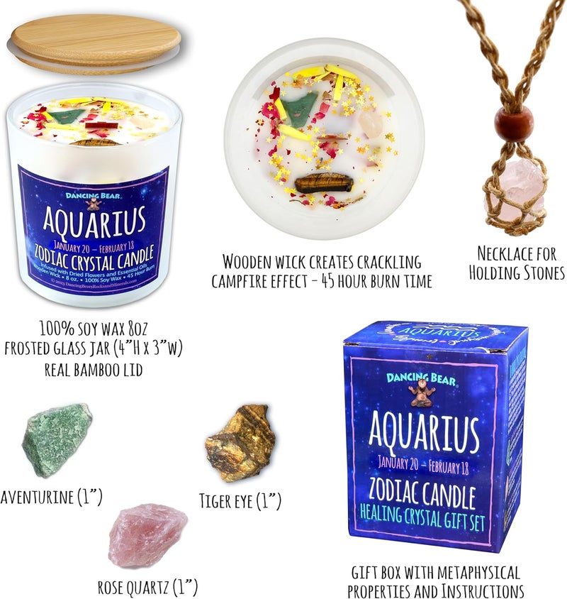 Dancing Bear Aquarius Zodiac Candle Gift Box Set with 3 Healing Crystals & Stone Holder Necklace, 100% Soy Scented Wax, Crackling Wood Wick, 45 Hour Burn Time - Image 3